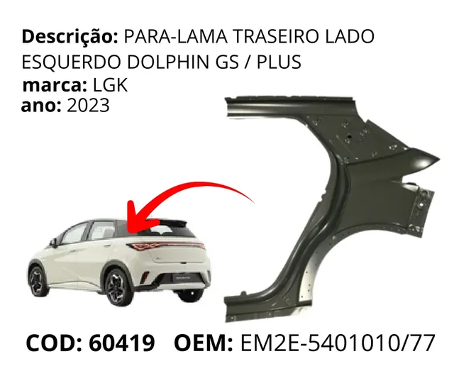 Para-lama Traseiro Lado Esquerdo original para BYD Dolphin GS/Plus, AutoVoltz