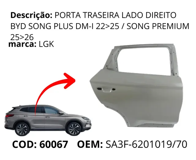 Porta Traseira Lado Direito original para BYD Song Plus Premium, AutoVoltz