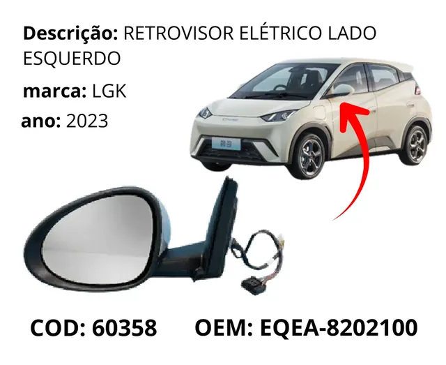 Retrovisor Eletrico Lado Esquerdo original para BYD Dolphin Mini, AutoVoltz