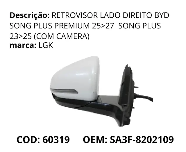 Retrovisor Lado Direito (com Camera) original para BYD Song Plus DM-i, AutoVoltz